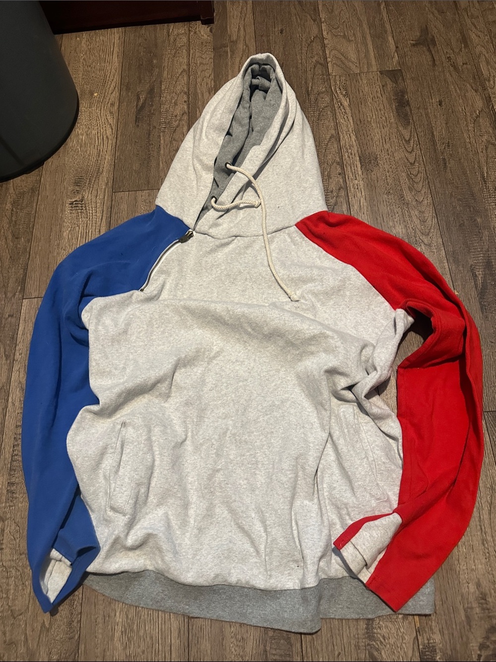 Women’s Gray Pullover Hoodie with Blue and Red Sleeves